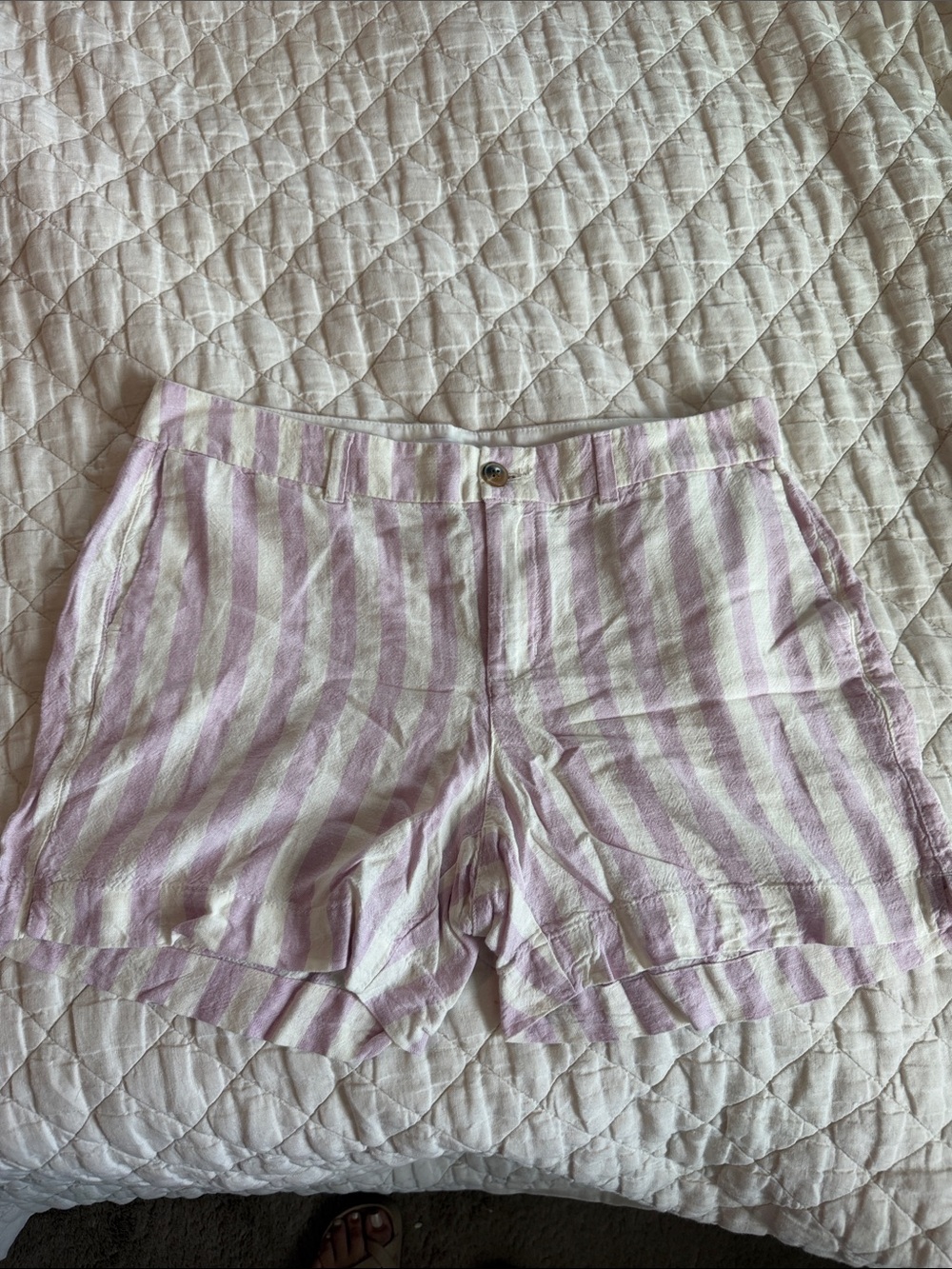 High-Waist Pink Striped Linen-Blend Shorts with Ruffle Hem